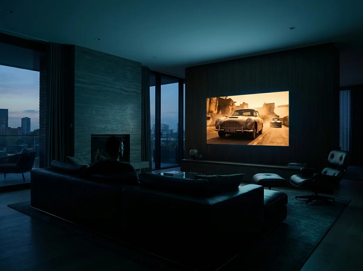 Woonkamer met groot scherm dat een film in 4K afspeelt
