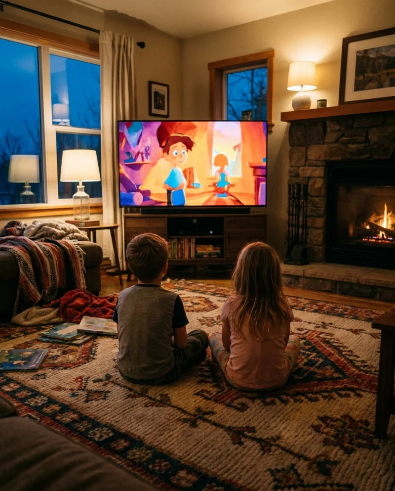 Kinderen die naar een tekenfilm kijken