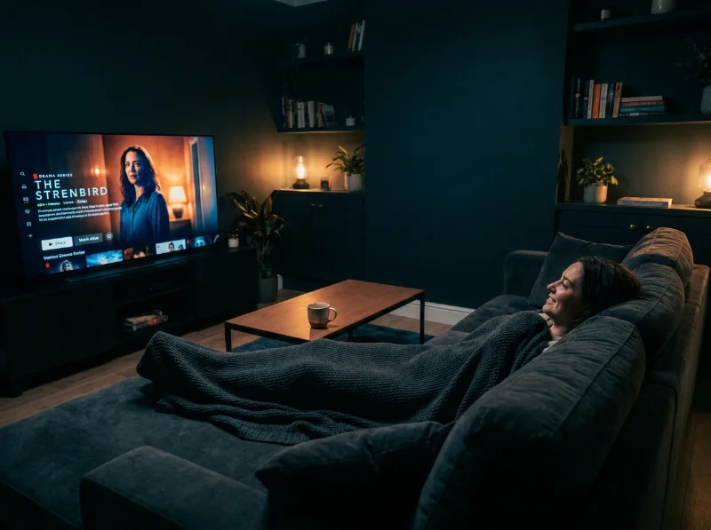 Persoon die een serie kijkt op de bank